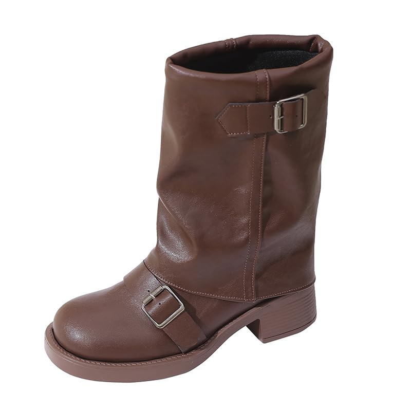 Cowboy Boots For Women Mid Calf Waterproof Fashion Pleated Round Toe Retro Chunky Motorcycle Riding Boots