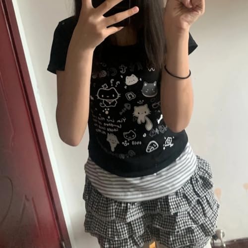 Image of Kawaii Cutecore Harajuku Y2k 2000s Tops Summer Preppy Aesthetic Alt Goth Emo Short Sleeve Graphic Tees