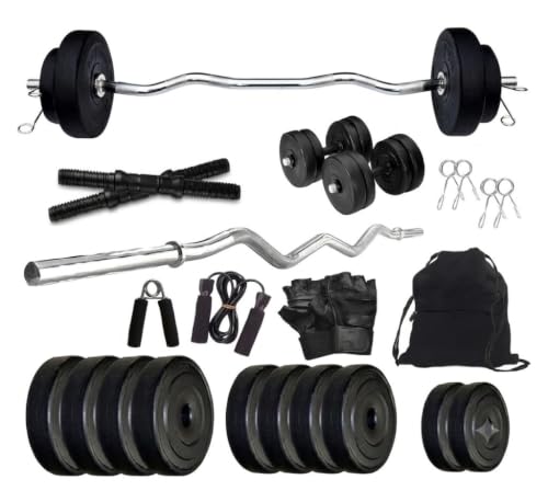 Image of Star X Home Gym Kit for Men & Women | Exercise Equipment | 3ft Curl Rod, PVC Dumbbell Plates, Leather Gym Gloves, Gym Bag, Skipping Rope & Other Accessories