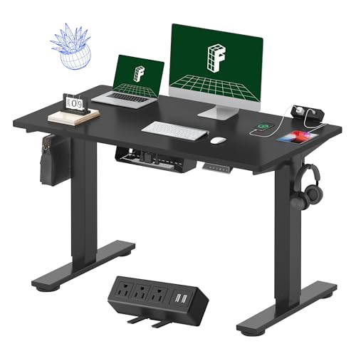 FLEXISPOT EN2 Whole-Piece Standing Desk with Clamp Power Strip, 48x24'' Electric Stand Up Height Adjustable Desk with Cable Management (Black Frame + 48' Black Table Top)