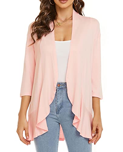 Image of Womens Lightweight Cardigan Open Front Cardigans Soft Draped Ruffles 3 /4 Sleeve Cardigan (S-3XL)