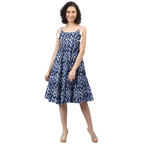 Image of DEEBACO Women's Tie-Dye Rayon Fit and Flare Midi Dress for Woman Festive Fancy|Casual Trending Stylish Long One Piece Dresses Women Western Sleeveless (Blue)