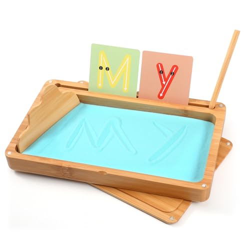 AtMini Montessori Mesa de arena de entrenamiento de escritura y signos juguetes de madera educativos para el desarrollo motor temprano en niños (azul)