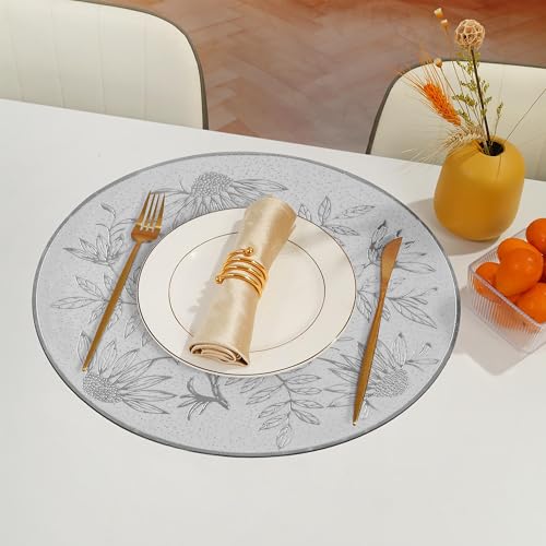 Image of Yellow Weaves 4 Pcs PVC Round Table Placemats, Dining Table Mat, Stain Resistant, Anti-Skid, Waterproof, Washable, Dining, Kitchen, Restaurant Table Set Easy to Clean, Durable (Botanical Silver)