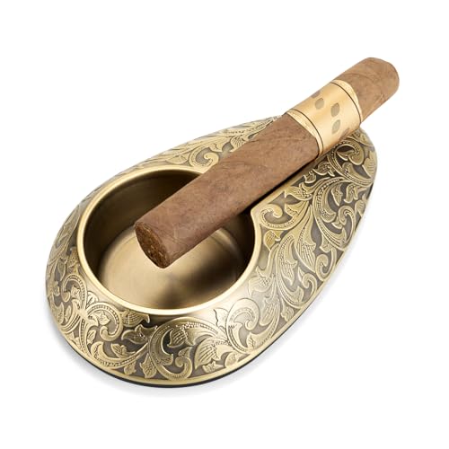 Cenicero de cigarros portátil de acero inoxidable cepillado con escultura exquisita, cenicero irrompible con base antideslizante, accesorio de puros duradero y clásico (dorado)