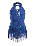 AFAVOM Girls Sequin Fringe Bodysuit Sparkly Latin Hip Hop Jazz Dance Dress Outfit Halter V-Neck Backless...