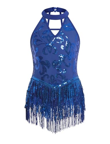 AFAVOM Girls Sequin Fringe Bodysuit Sparkly Latin Hip Hop Jazz Dance Dress Halter Backless Leotard Performance Dancewear 3-12 Royal Blue 11-12 Years