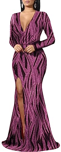 Image of Women's Sexy Long Sleeve Sparkly Maxi Dress V Neck High Slit Wrap Formal Gown Cocktail Glitter Maxi Long Dresses