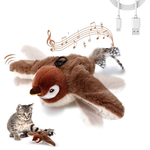 PCXWTLN Katzenspielzeug Wiederaufladbarer Spatz mit flatternden Flügeln Berührungsaktiviertes Zwitscherndes Vogelspielzeug mit Katzenminze für Kätzchen Oder Kleine Hunde Fliegt Nicht