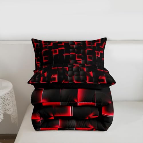 Image of Erosebridal Boys Red and Black Comforter Set King Geometric Checkered Kids Bedding Set Teen Men Gaming Room Decor,Abstract Ombre Plaid Comforter Grids Quilt Duvet