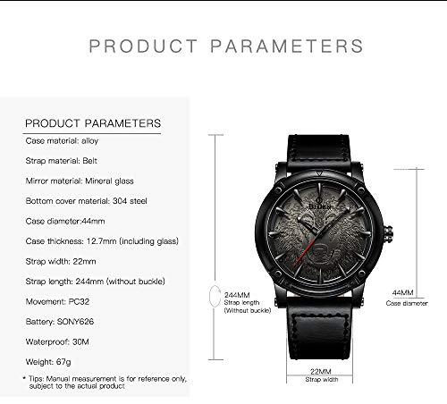 carlien New 3D Engraved Wolf Dial Quartz Watch for Men Big Face Sport Leather Casual Wristwatch