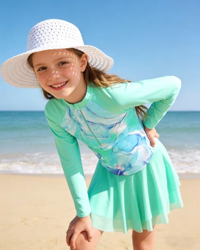 Image of Girls Rash Guard Swimsuit Long Sleeve Bathing Suits with Swim Skirt Shorts Two Piece Sun Protection Swimwear for 3-12 Years