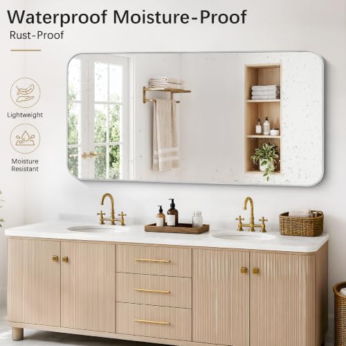 Image of DESBING 72 inchx36 inch Bathroom Mirror for Over Sink, Silver Framed Wall Mirror | High-Definition Shatterproof Vanity Mirror with Rounded Corner for Bedroom Living Room Entryway Horizontally or Vertically