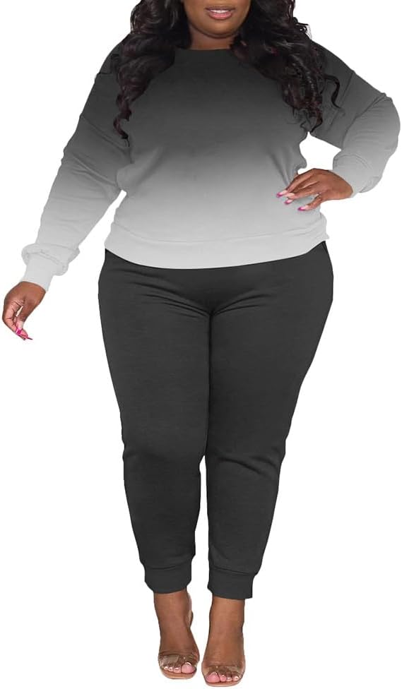 HBQ Plus Size Two Piece Outfits For Women Casual Round Neck Jogging Sets Long Sleeve Tracksuit With Pockets