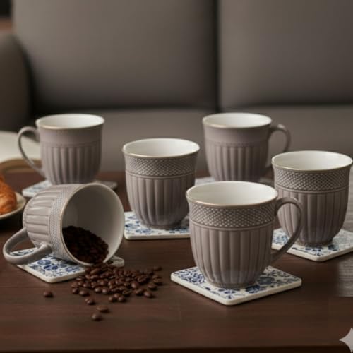 Image of Clay Craft Fine Ceramic Tea Cups Set of 6| 200 Ml Elegant Textured Cups with Comfortable Handle | Ideal for Tea| Coffee| Home Use & Gifting