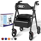 VOCIC Rollator Faltbar und Leicht mit Sit,Rollatoren Schmal für Wohnung,Rollatoren für Senioren Klappbar mit 20cm Reifen für All Gelände,Sitz und Griff Höhenverstellbar,5 Jahre Support|Schwarz