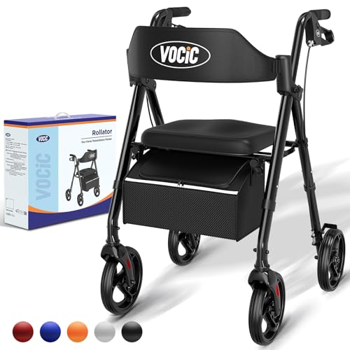 VOCIC andador para ancianos,Andadores adulto de aluminio ligero con asiento,Rollator plegable para todos los terrenos,Asiento regulable en altura,Para uso exterior e interior,Negro| 5 años de garantía