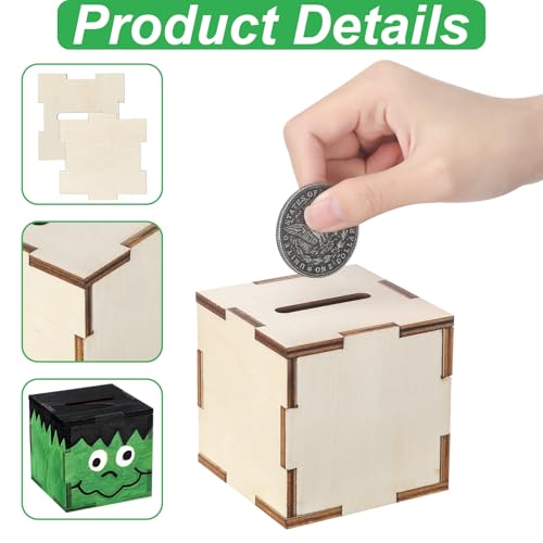 Image of Briwooody 12 Set Wooden Piggy Bank Unfinished Savings Bank for Boys Girls | DIY Craft Set with Coloring Pens, Tip Jar Cash and Change Container, Ideal for Family Interactive Play, Classroom Creation