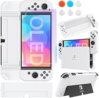 Mooroer Switch OLED Case for Nintendo Switch OLED Model Hard Cover Protective Case Removable Back Cover for Nintendo Switch OLED and Joy-Con Controller with Tempered film and Thumb Caps, White