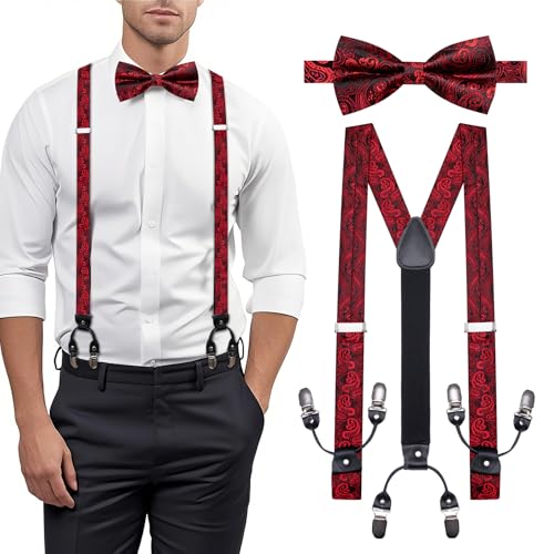 Image of YOHOWA Men Suspenders 6 Clips Strength Adjustable Y Braces Pre-Tied Bow Tie Set Formal Wedding Party