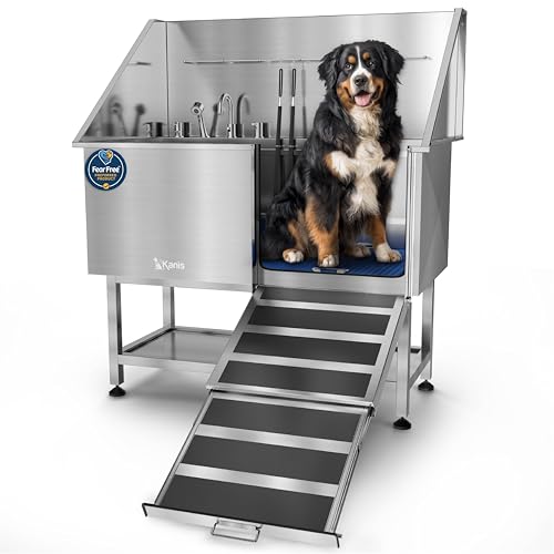 KANIS Professional Dog Washing Station - 304 Stainless Steel Pet Wash Sink & Grooming Bath Tub for Home with Ramp, Shower, Floor Grate, Storage Shelf, Faucet, Drain Kit for Large, Medium & Small Pets