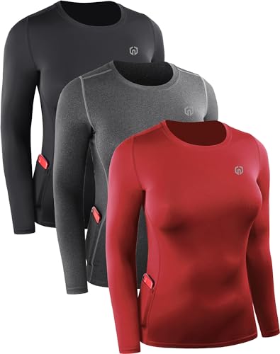 NELEUS Women's 3 Pack Compression Shirts Long Sleeve Running Athletic Shirts with Pocket,8075,Black/Grey/Red,M
