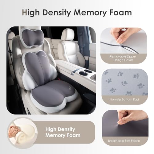 Image of 3 PCS Seat Cushion for Carseat Lumbar Support Pillow Car Neck Headrest Pillows Ultrathick Memory Foam Seat Pads Pressure Relief Back Cushion for Office Chair(Beige Grey)