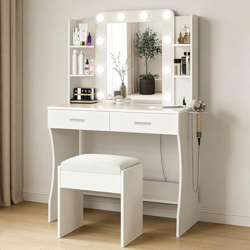 Catálogo para Comprar On-line Tocador Walmart para comprar hoy. 41 Tocador Vanity con Espejo Luz Led Mesa De Maquillaje con Estación De Carga Recamara Mueble para Escritorio con Taburete y 2 Cajones y Estantes Abiertos y Soporte Para Secador De...