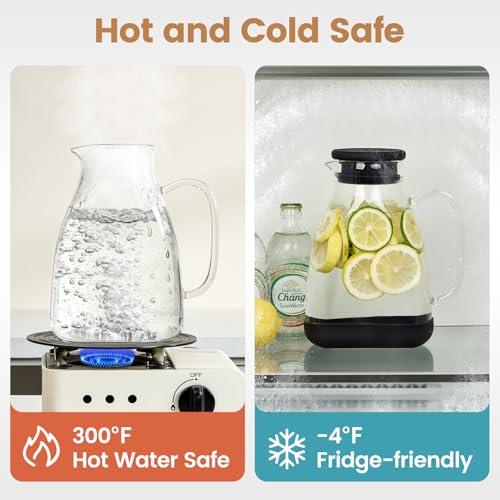 Image of Glass Pitcher with Lid, 68 oz(1 /2 Gallon), Hot /Cold Glass Water Jug with Silicone Lid, Borosilicate Glass Carafe Wide Mouth Juice and Iced Tea Beverage Serveware (Flat 2pcs)