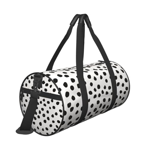 Animal Print Dots Black White Dalmatian Round Duffle Bag, Spacious Sport Travel Bag With Zippered Pockets & Soft Grip Handles3