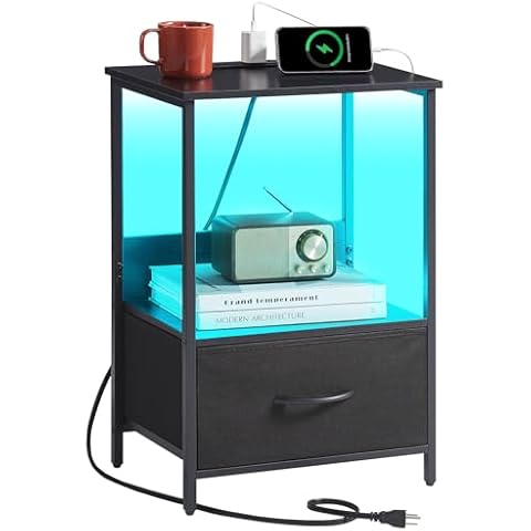 Somdot Black Nightstand with Charging Station and LED Light for Bedroom, Bedside Table End Table for Dorm Guest Room Bedside Kids Laundry Closet Entryway Hallway, Black Cover