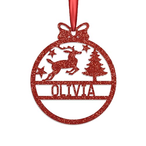 Image of KreateSquare Personalised Christmas Bauble, 950 GSM (1.7 mm) Double-Sided Glitter Xmas Tree Decoration, Custom Name Baubles, Red Christmas Decorations Ornaments (Red, Reindeer)