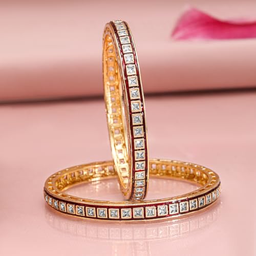Image of Rubans Set of 2, 22K Gold-Plated Red-Bordered Square-Cut White Cubic Zirconia Studded Bangles