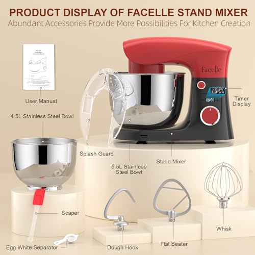 Miniatura 7 de Batidora Amasadora Reposteria 1500 W, Facelle 5,5l 4,5l Amasadora De Pan Multifunción, 10 P Robot De Cocina Amasador Con Batidor, Batidor Plano, Gancho Para Masa Y Protector Contra Salpicaduras