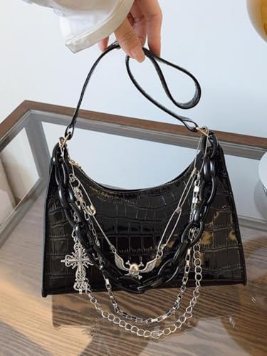 QWINEE Women's Y2k Purse Punk Goth Faux Leather Shoulder Bag Cross Chain Hobo Handbag3