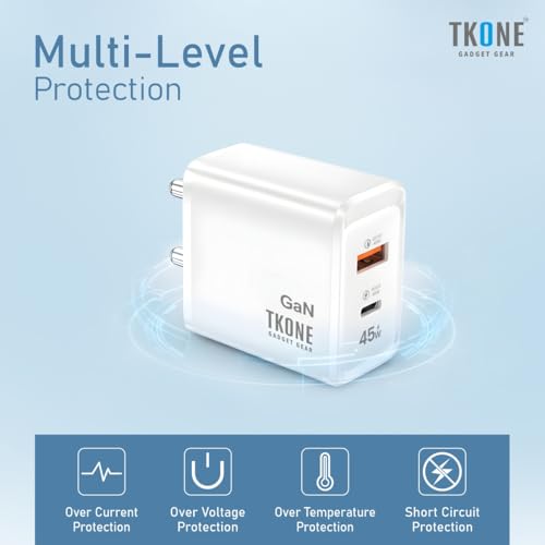 Image of TKONE 45W GaN Fast Charging Adapter with Type C PD & USB A, Dual Port | Super Fast GaN Charger for Samsung Galaxy S25 /S24 /S23 /S22, iPhone 17 /16 /15 /14 /13 /12, OnePlus, Nothing (White)