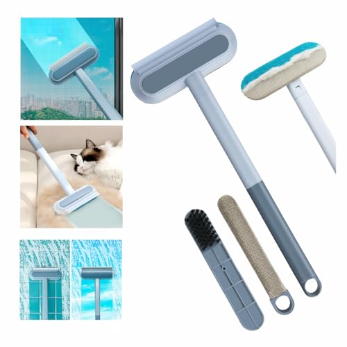 4 in 1 Window Screen Cleaning Brush with Handle, Wet and Dry Window Cleaner with Squeege, Dog and Cat Hair Remover, Suitable for Furniture, Carpet, Clothes, Bedding, Window Screen