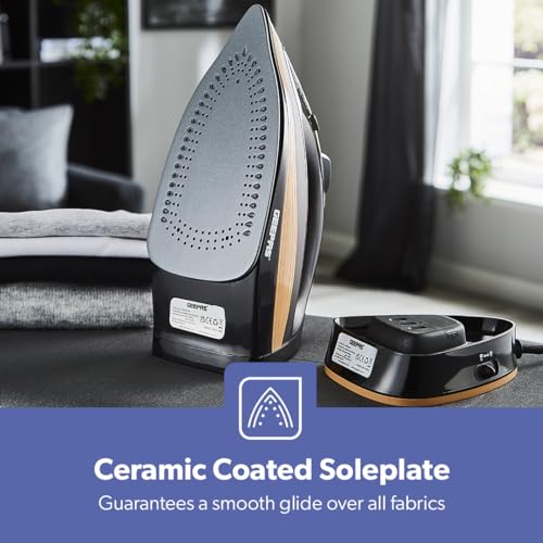 GEEPAS Steam Iron | Clothes Dry & Steam Press | 40s Fast Heat-Up Vertical Steaming | Ceramic Soleplate Adjustable Temperature Cordless | 300ml Tank 1g/Steam Output | 2 Year Warranty 2400W Black/Gold - Image 5