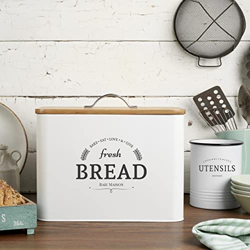 Extra Large White Farmhouse Bread Box For Kitchen Countertop - Breadbox Holder Fits 2+ Loaves - Bread Storage Container Bin - Rustic Bread Keeper Vintage Metal Kitchen Decor (White With Wood Lid) #TOP5
