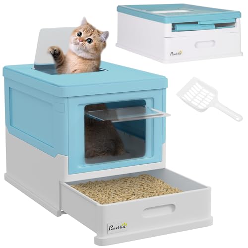 PawHut Lettiera per Gatti Chiusa in PP con Paletta Inclusa, Design Pieghevole, Cassetta Igienica per Gatto con Vassoio Estraibile e 2 Porte, 47.5x35.5x36.7 cm, Azzurro