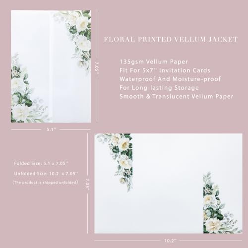 PONATIA 50 PCS Vellum Jackets for 5x7 Invitations- 135gsm White Floral Printed Vellum Sleeves, Quinceanera Wedding Invitation Cards Wraps, Green Flower Transparent Jacket by ponatia - Image 4