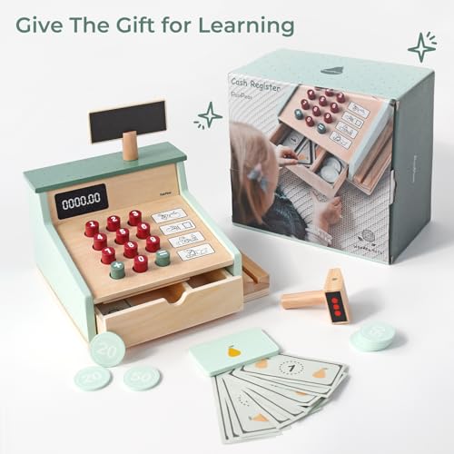 image for PairPear Wooden Toy Cash Register,Kids Pretend Play Money Counting Toy