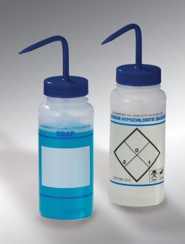 Bel-Art F11646-0631 Safety-Labeled 2-Color Deionized Water Wide-Mouth Wash Bottles; 500ml (16oz), Polyethylene w/Blue Polypropylene Cap (Pack of 6) Made in USA