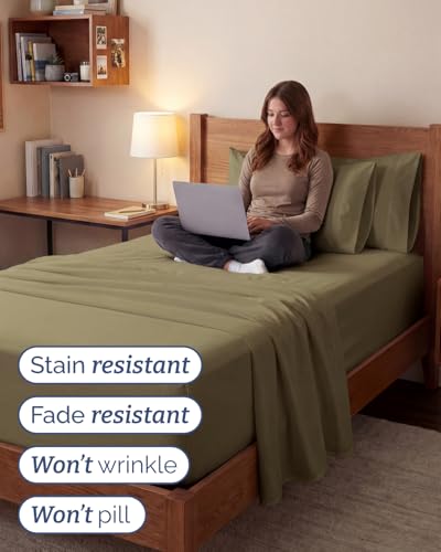 Image of Extra Deep Twin XL Sheet Set - 4 Piece Breathable & Cooling Sheets - Khaki | Hotel Luxury Bed Sheets Set, Easy & Secure Fit, Ultra-Soft, Wrinkle & Fade Free, Comfy Sheets Set with Extra Deep Pockets