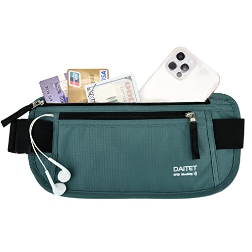 RFID Blocking Money Belt for Men Women, Slim Fanny Pack for Travel,Running,Conceal Waist Wallet for Passport Holder,Phone,Cash(Black Turquoise)
