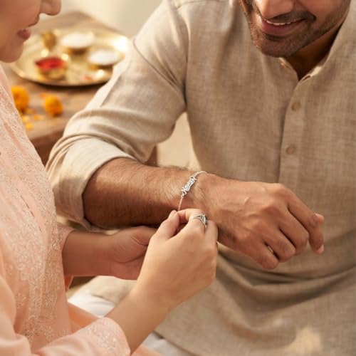Image of Parnika 925 Pure 92.5 Sterling Silver Bro Floral Mor Pankh Flute Evil Eye Veera Shankh Rakhi Bracelet for Brother | Hallmarked Silver Raksha Bandhan Rakhi | Premium Adjustable Rakhi Gift