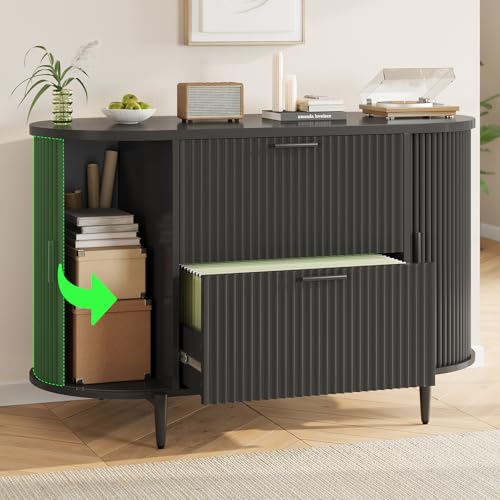 SEDETA 39.4\" Filing Cabinet for Home Office, 2 Drawer File Cabinet, fit Legal/Letter/A4 Size, Modern Fluted Filing Cabinets with 2 Sliding Door Storage, Printer Stand, Black - Thumbnail 5