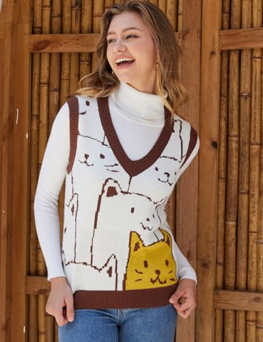 Image of Gihuo Womens Cat Sweater Vest V Neck Y2k Graphic Knitted Vests Pullover Sleeveless Knitwear Cute Tunic Knit Top