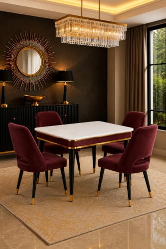 Image of WOODEN SPACE Majestic 4 Seater Wooden Dining Table Set | Urban Marble Top Dining Table with Chairs for Dining Room & Kitchen (Maroon Modern Vintage)
