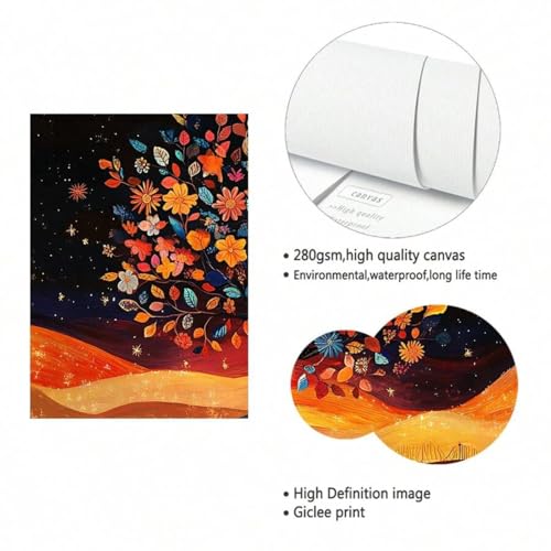Impression sur toile arbre coloré et fleurs affiche murale 21x30cm
